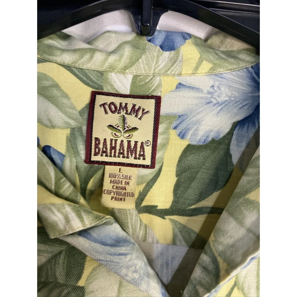 Tommy Bahama Camp Shirt Mens L Yellow Blue Hibiscus Silk Floral Short Sleeve Exc